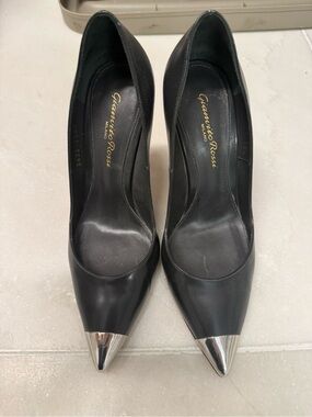 Gianvito Rossi Navy Leather Pointed Pumps with Silver Cap Toe Accents